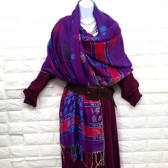 NWT Paisley Striped Floral Pashmina-style Scarf Wrap 27" x 70" Fringe Polyester - Picture 2 of 12